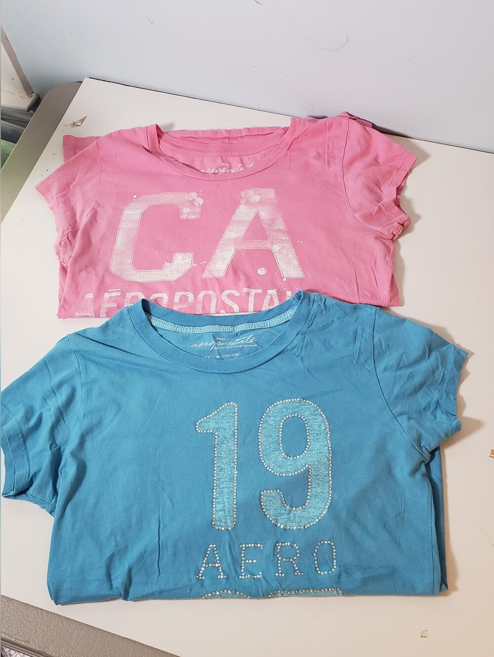 Aeropostale Pink Blue Bundle 2 1987 Bejewled Graphic Tees XL Baby Style Cotton